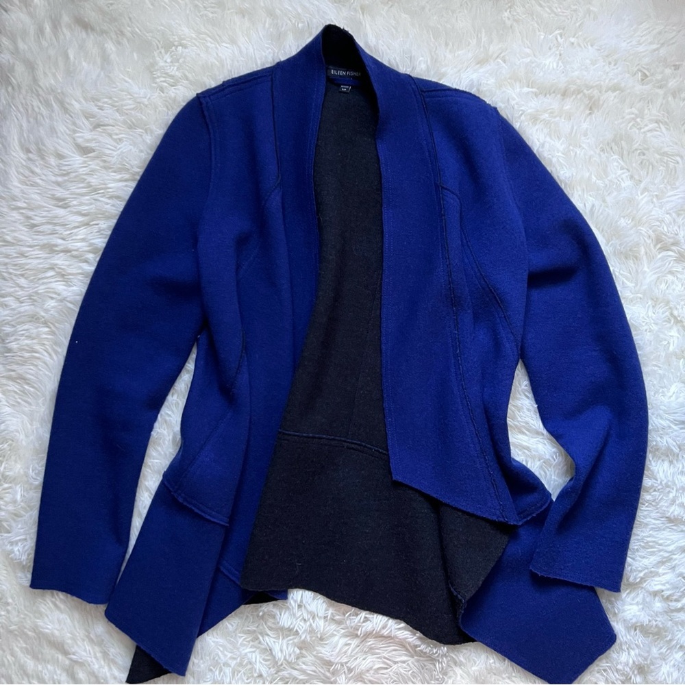 Eileen Fisher Blue Merino Wool Open Cape Cardigan